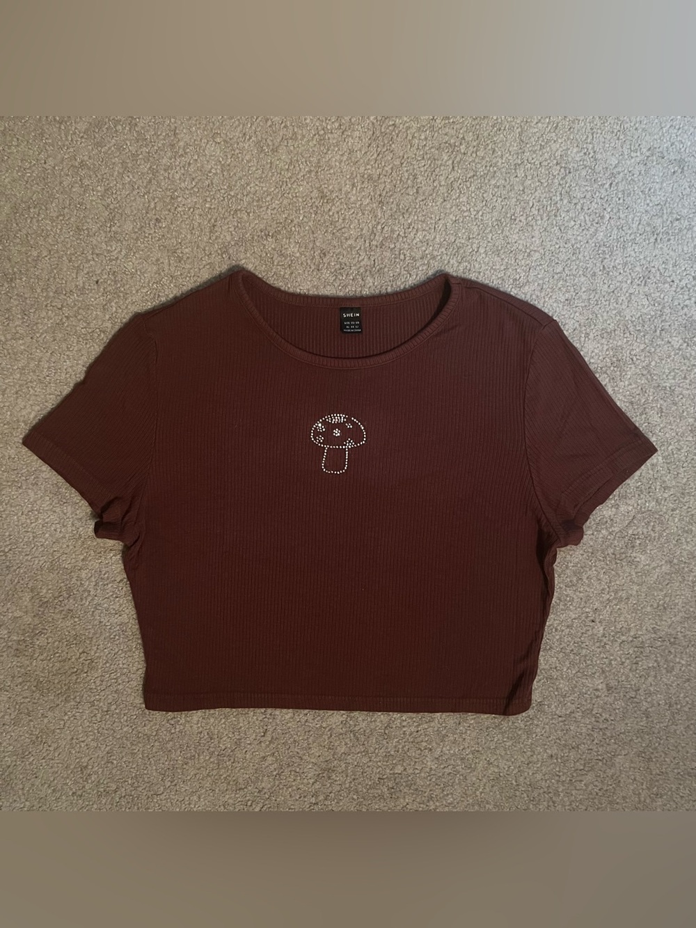 Brown Ribbed Mushroom Rhinestone Short Sleeve Crop Top